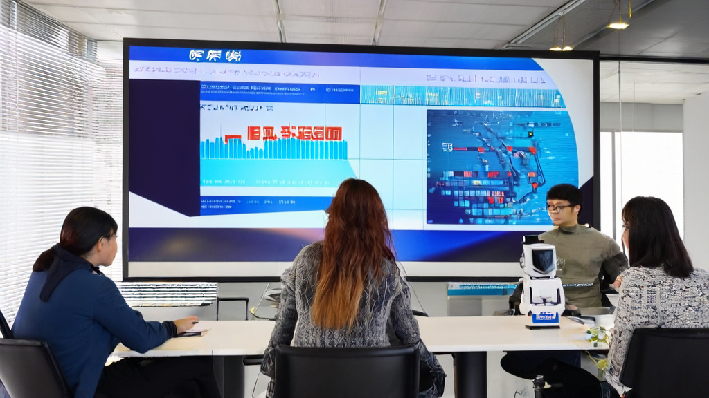 团队在办公室中利用AI技术优化邮件营销策略，基于B站的成功案例进行讨论