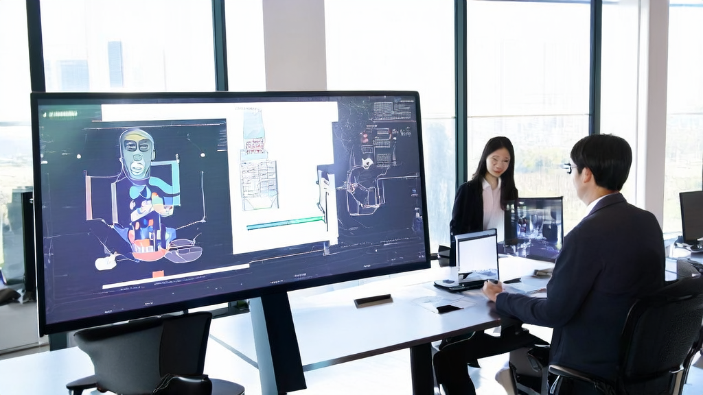 现代化办公室中使用AI邮件润色工具和HeyGen UGC广告数字人生成产品介绍视频的场景