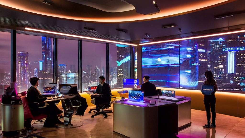 在充满未来感的办公室内，专业人士使用Agent CoCo进行高效的数据清洗和分析，展现了AI营销的创新应用。