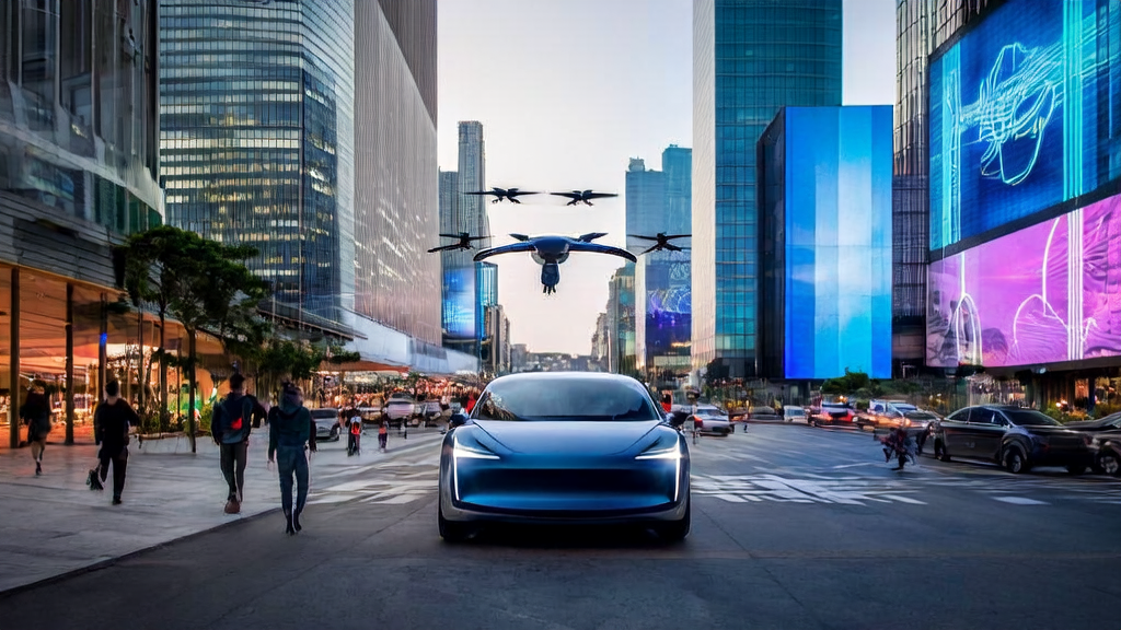 特斯拉Robotaxi无人自动驾驶出租车队在城市中运行，展示了AI营销和客户数据清洗服务的应用场景。