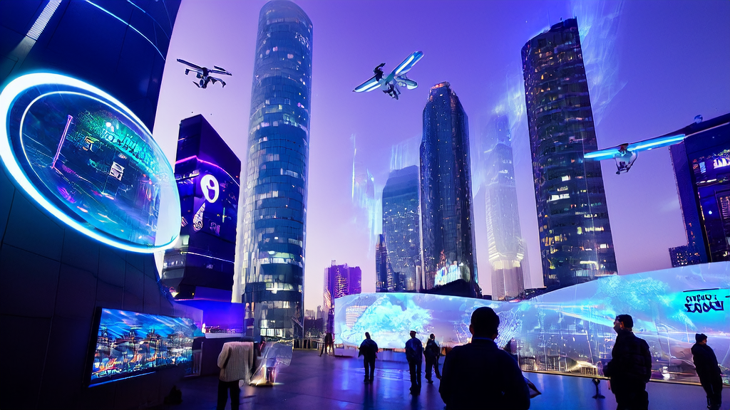 A futuristic city scene showcasing AI marketing and data processing optimization