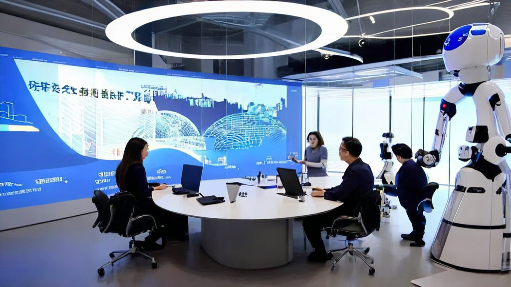 现代化办公室中员工使用AI工具进行全球视频会议和个性化教育