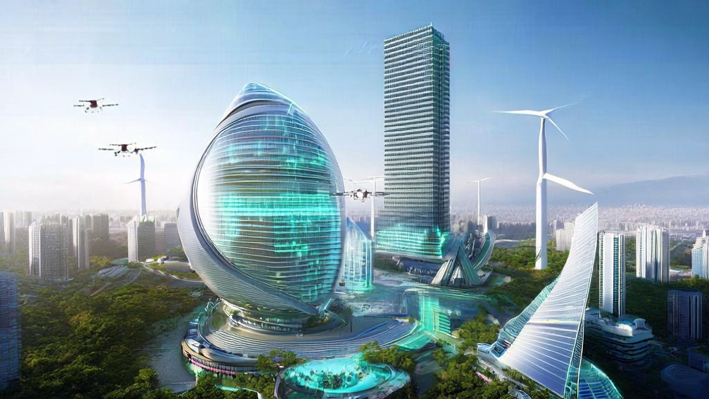 在未来城市中，高楼大厦与绿色能源设施相结合，展示AI营销与可持续发展的理念。