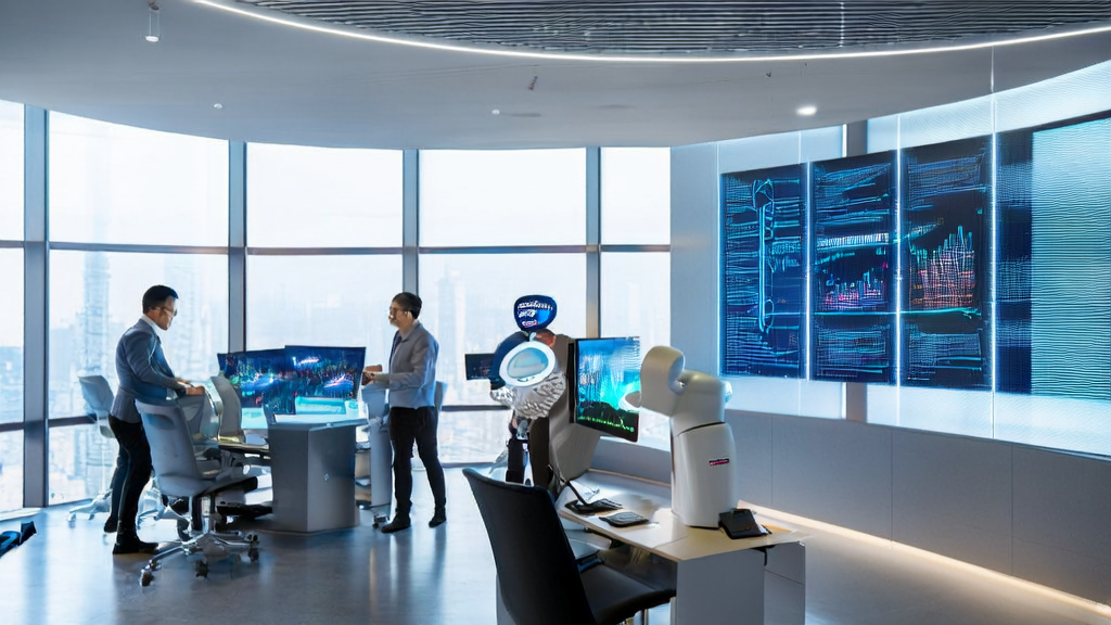 Modern office scene showcasing the application of AI marketing and intelligent customer service technology