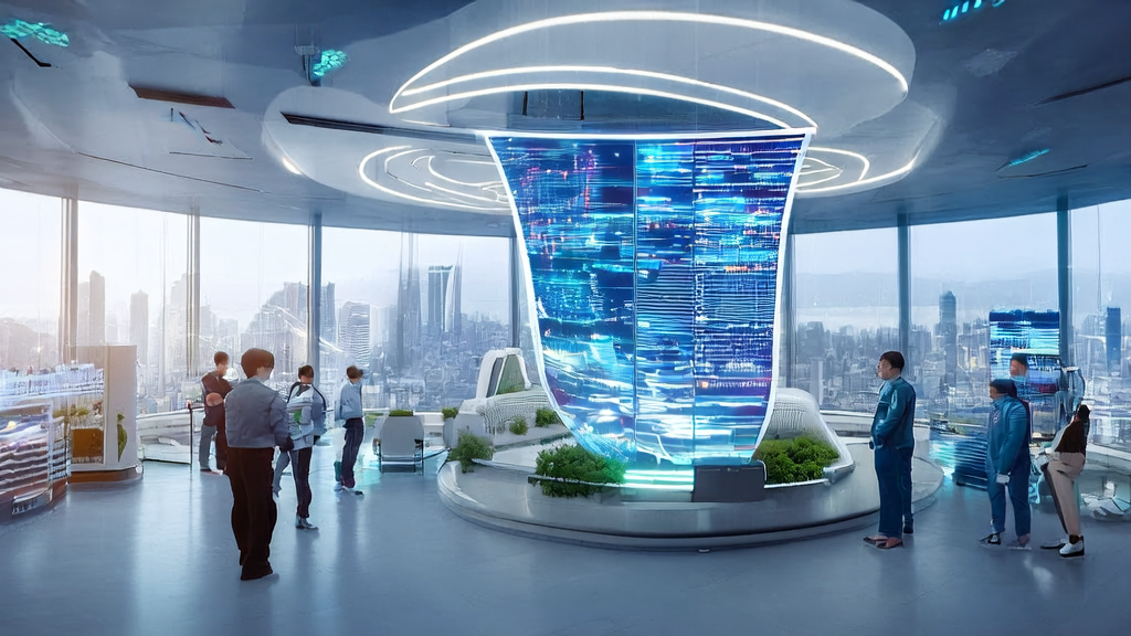未来城市中的AI营销中心，展示着大数据分析和个性化推荐技术的应用场景
