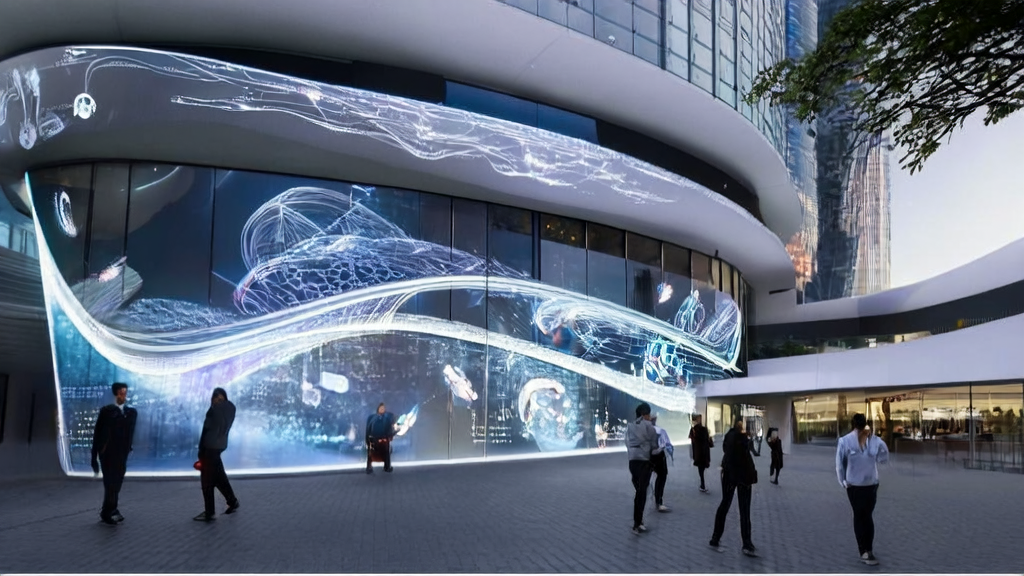 未来城市的高科技办公楼前展示着绚丽的3D模型，吸引路人驻足观看，展示AI技术在营销中的应用。