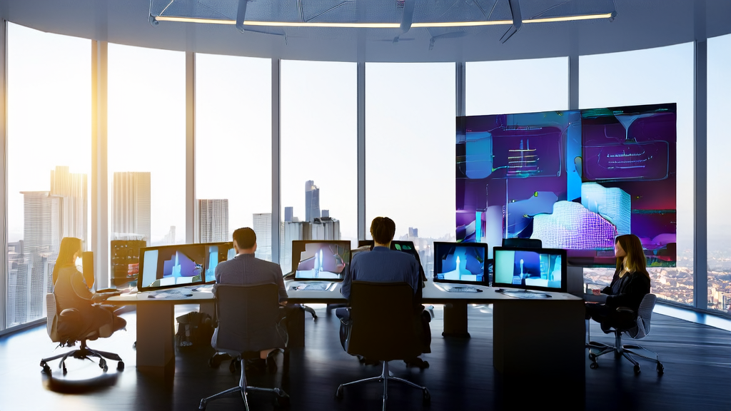 智能办公室内，营销团队利用AI技术和Quora平台进行客户信息采集和分析
