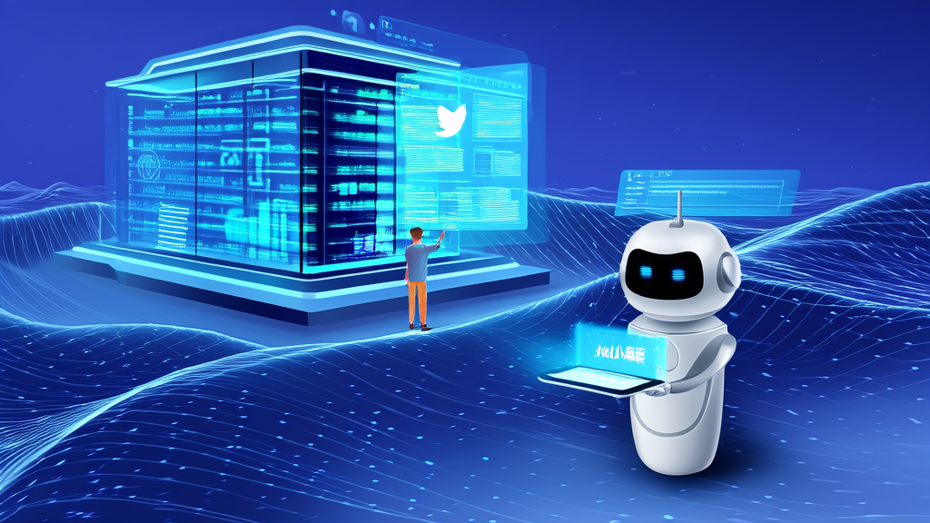 Modern data center with Twitter data analysis, featuring an AI robot showcasing Mafengwo's AI travel assistant "AI Xiaoma"