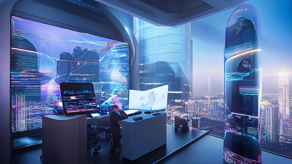 In a futuristic city, a young entrepreneur uses AI marketing tools to analyze cross-border e-commerce data, with a vivo smartphone showcasing edge-side AI technology nearby.