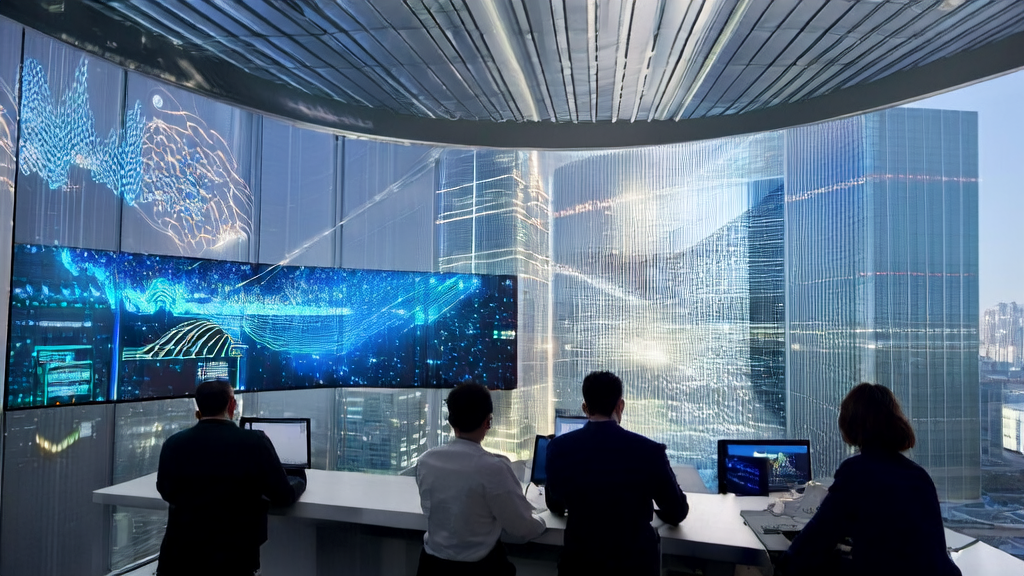 未来城市的办公楼内,数据科学家通过大屏幕监控AI智能营销系统,并展示“追星星的AI”与孤独症儿童互动的画面