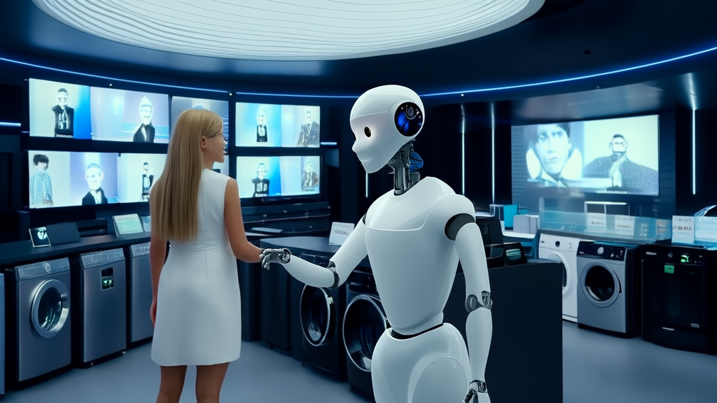 Humanoid robot interacting with customers in an appliance store, providing personalized product recommendations