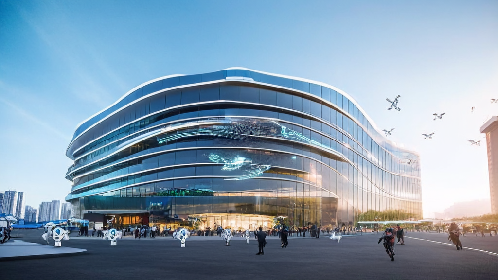 Headquarters of a high-tech company in a futuristic city showcasing AI marketing and GPT-5 applications