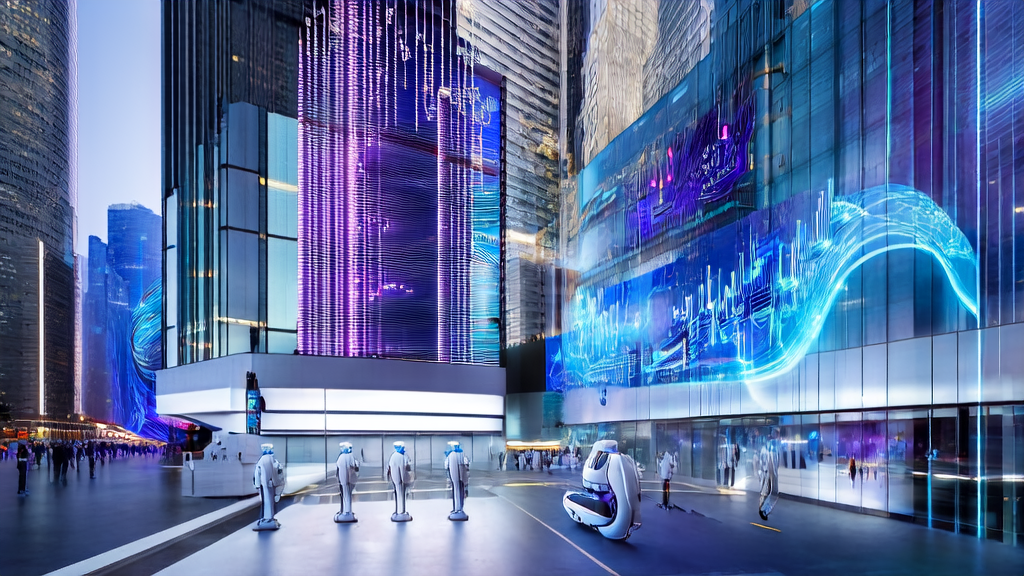 A futuristic city scene showcasing AI marketing with high-tech and personalized services