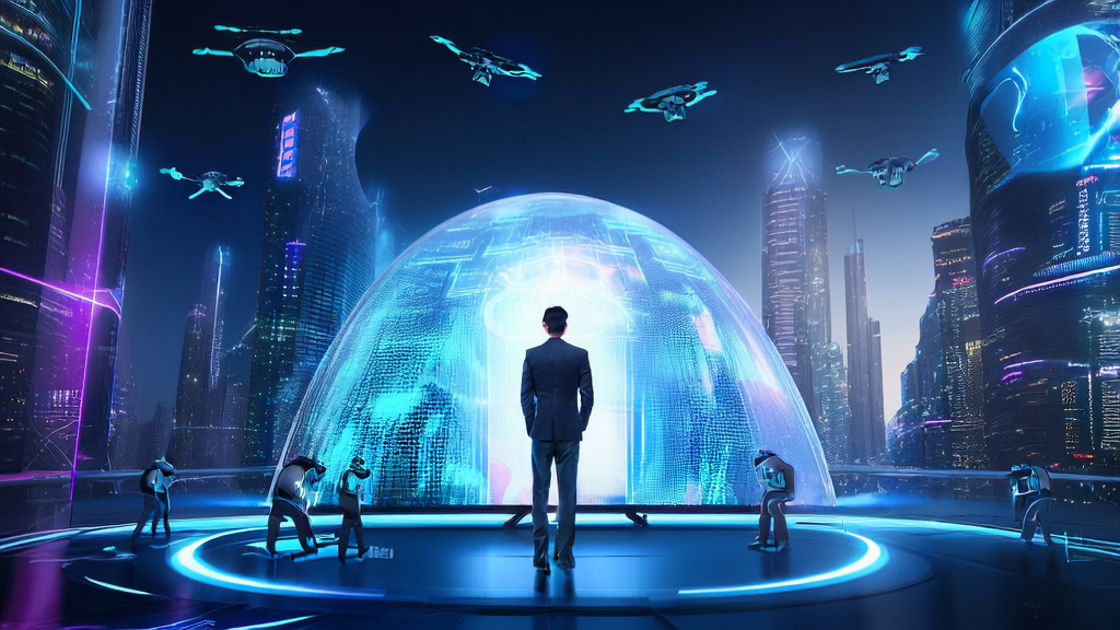 A futuristic city scene showcasing how AI marketing enhances customer acquisition efficiency