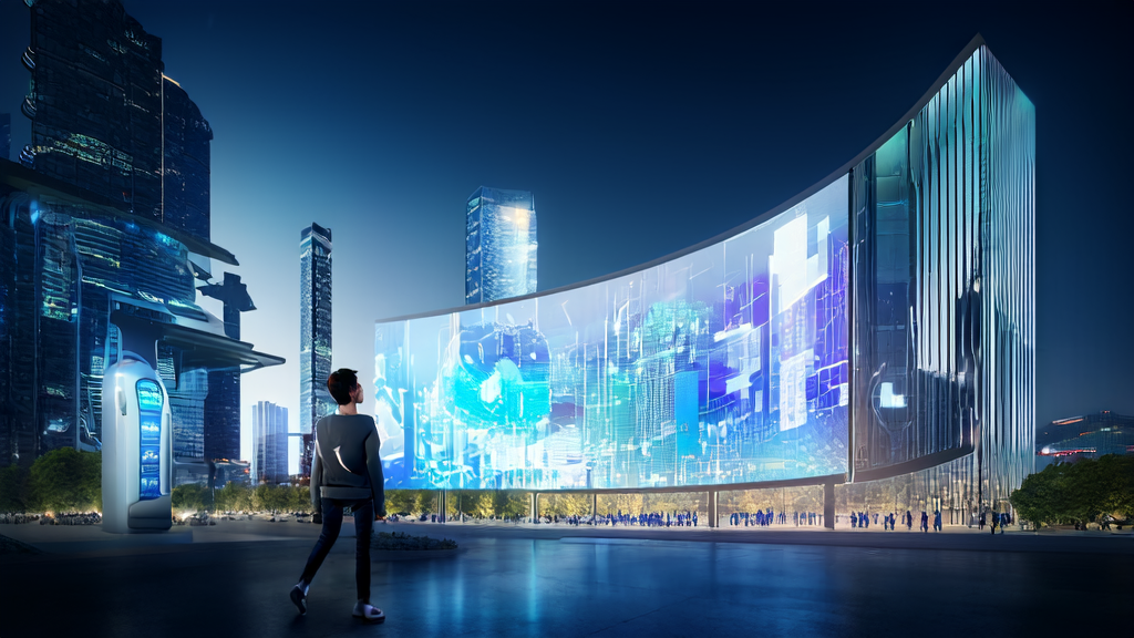 未来城市中的电商运营者利用AI营销提升销售，旁边是智能机器人助手和学习AI课程的孩子们。