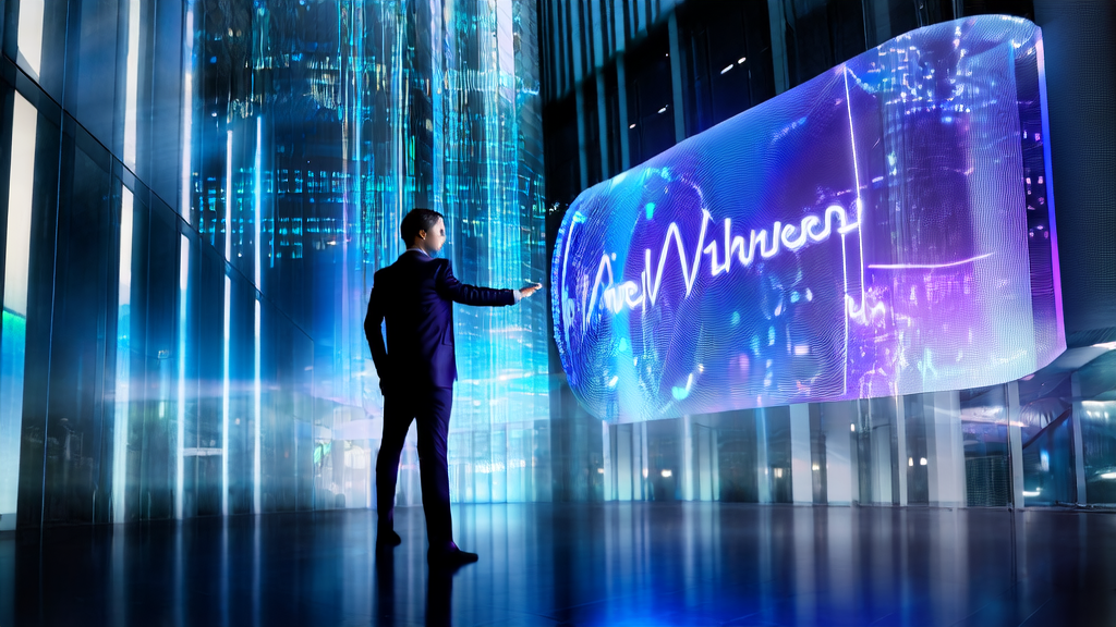 A young entrepreneur interacts with an AI assistant in front of a modern office building, showcasing AI-driven customer acquisition solutions and the Google "Ask Photos" feature.