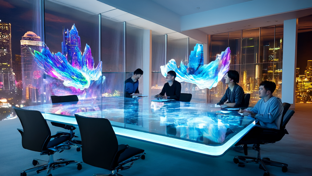 几位创业者在会议室中使用Waver 1.0生成的多风格视频进行AI营销策略讨论