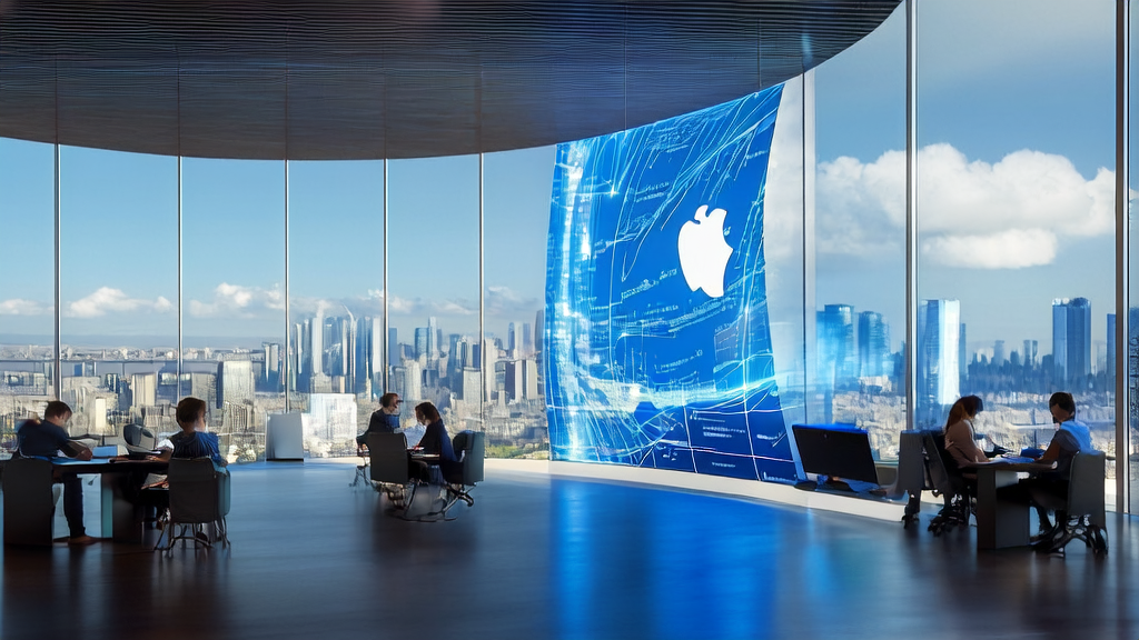未来城市的现代化办公楼内，苹果公司员工利用AI技术进行客户数据清洗和分析