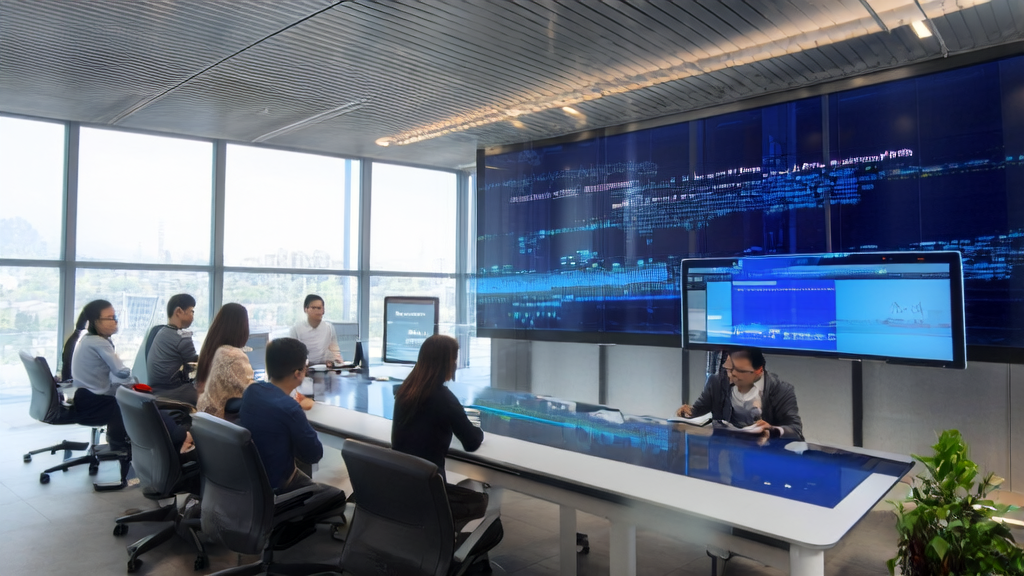 现代化办公室中创业者们使用Qwen3-Next-80B-A3B模型进行跨境电商营销策略讨论