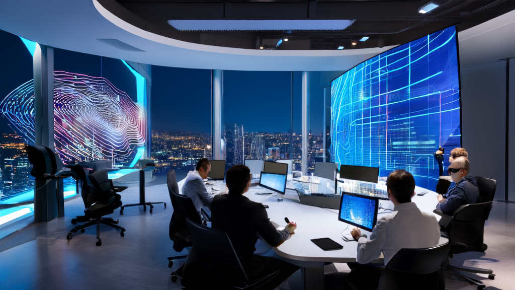 In a high-tech office, young entrepreneurs are discussing AI model performance and cross-border e-commerce acquisition strategies.