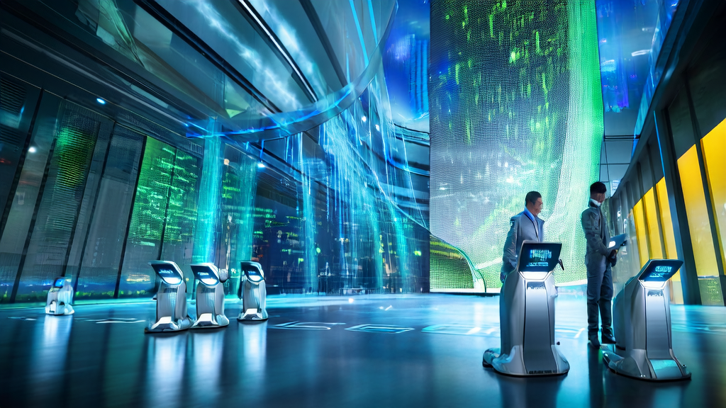 A modern office building in a futuristic city showcasing AI-based customer data cleaning services, with staff monitoring the process via smart devices and robotic assistants on standby.