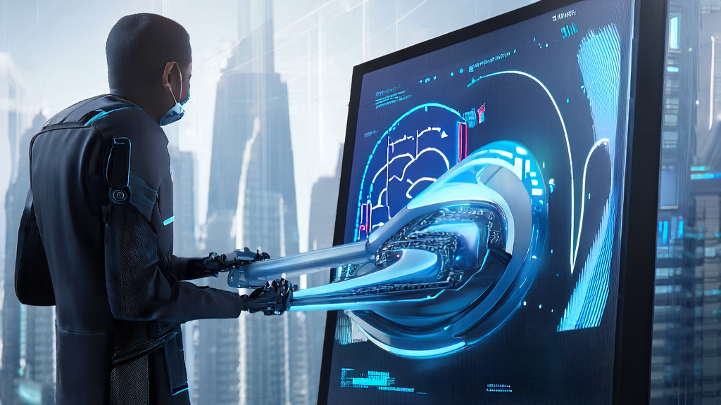 Data scientist using an AI robot for customer data cleaning, with DAMO Academy logo in the background