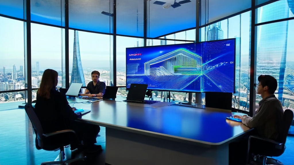 In a modern office, a marketing team uses AI algorithms for customer data cleaning services, with the city skyline and Chain Expo landmark building in the background.
