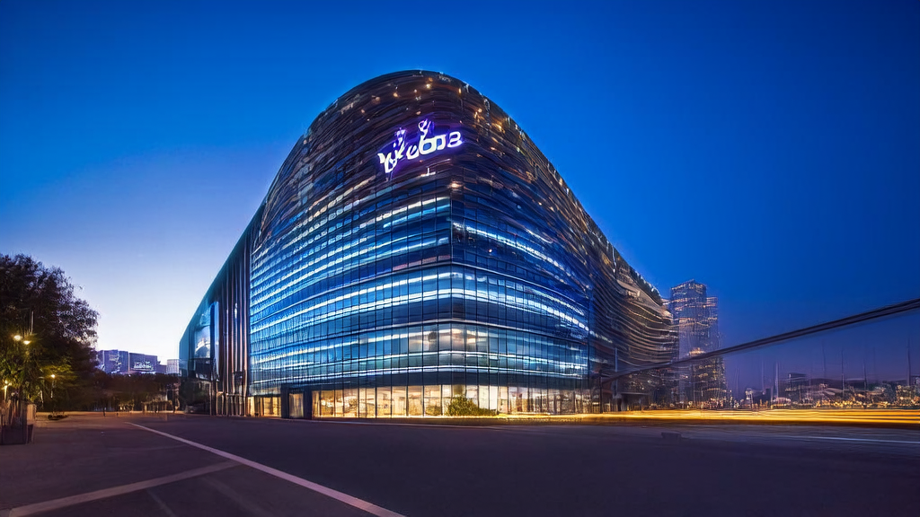 A futuristic office building in the city center, showcasing how AI marketing and data cleaning services revolutionize CRM