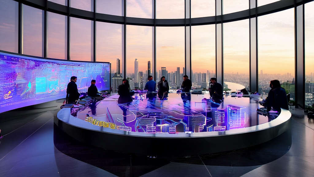 AI营销：数据驱动的企业成长利器，展示数据科学家在高楼大厦中工作，屏幕上显示复杂算法和客户数据流。