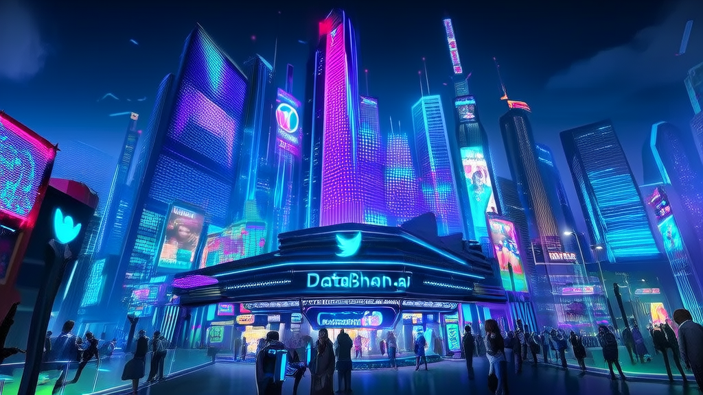未来城市的景象，展示了AI营销和数据驱动技术的应用，DataBahn.ai的建筑和Twitter数据流构成的核心元素。