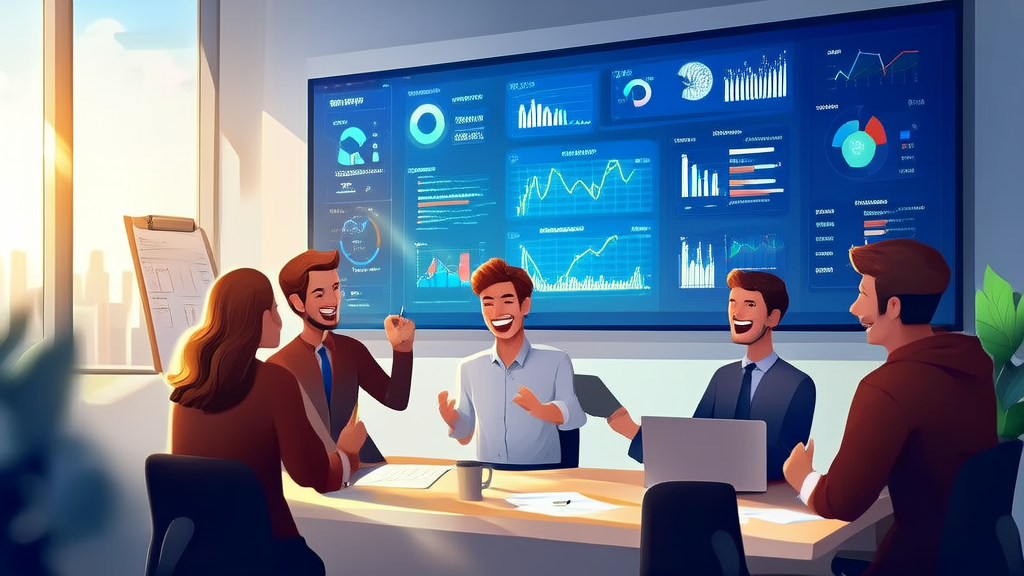 Young entrepreneurs discussing AI marketing strategies in a modern office, with Manus data analysis interface and company vision board in the background