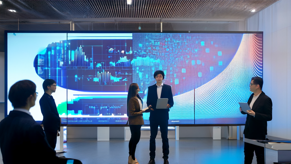 Depicts a modern office setting where a marketing team uses AI technology for data analysis and discussion, highlighting the impact of AI marketing on digital transformation.