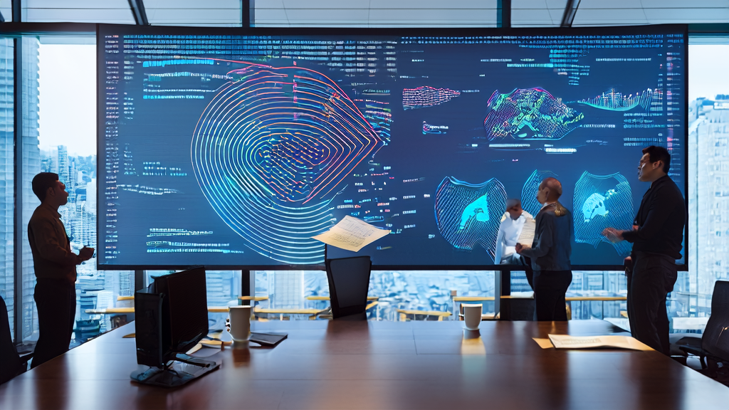 Data scientists discussing AI marketing strategies in a modern office with city skyline in the background