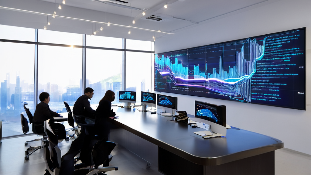 In a modern office, employees are using AI technology for data analysis and precise customer acquisition, with a large mural of a futuristic city in the background.