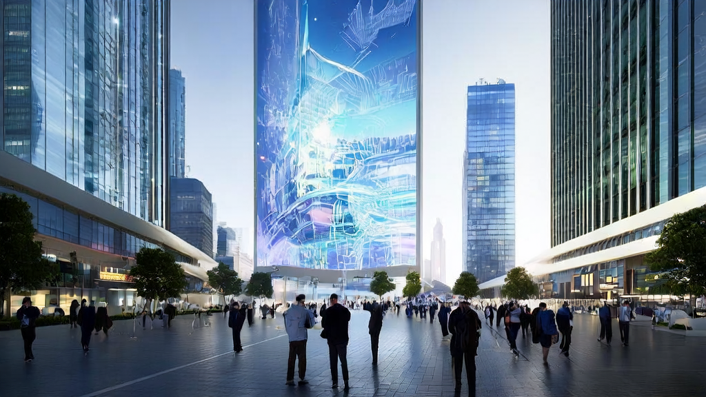 In a futuristic city street, people achieve efficient customer acquisition and personalized experiences through AI technology