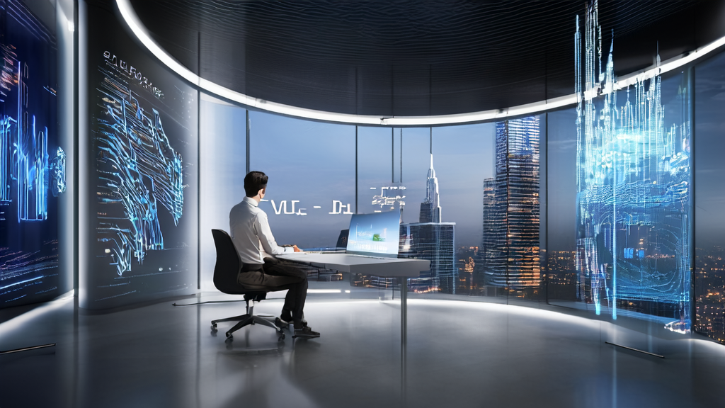 一位营销专家在充满未来感的办公室中使用AI技术优化邮件营销策略