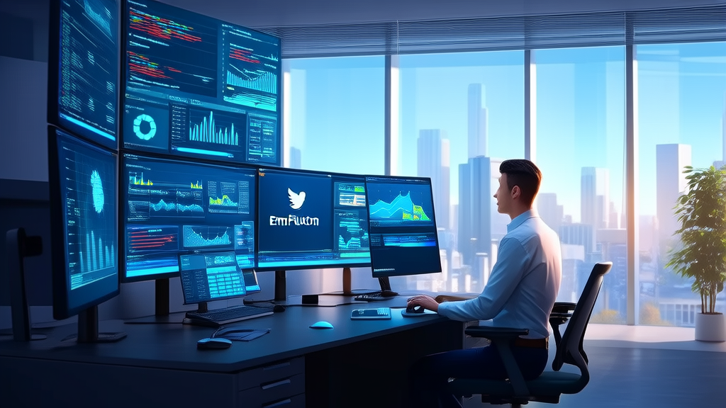In a sunlit modern office, an analyst is using EmaFusion to analyze Twitter data, exploring new opportunities in AI-driven marketing.