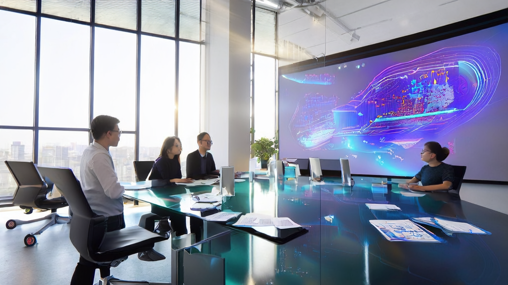 A modern office bathed in sunlight where a marketing team is discussing AI-optimized email marketing strategies
