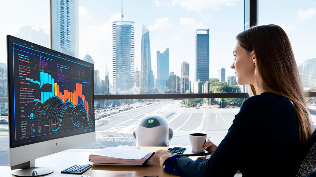 AI marketing empowering new customer acquisition channels: A marketing manager in a modern office using AI tools for data analysis.