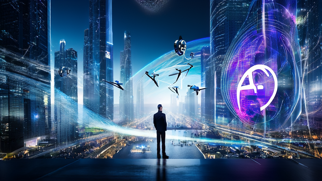 In a futuristic city, a young entrepreneur uses AI technology to analyze global market data and boost cross-border e-commerce sales