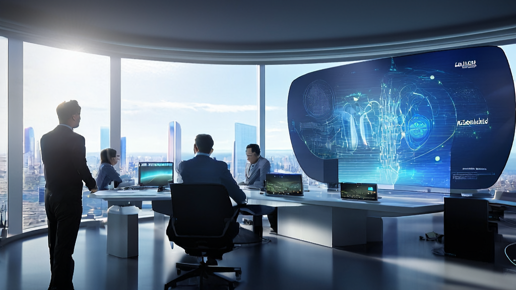 Office workers analyzing customer data using AI technology, with a city skyline and NetEase Cloud Music's AI recommendation feature in the background