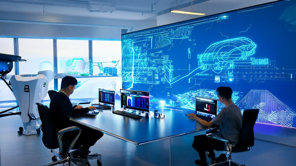 阳光照耀下的现代化办公室，程序员们正使用AI技术优化邮件营销，提升客户满意度和邮件回复率。