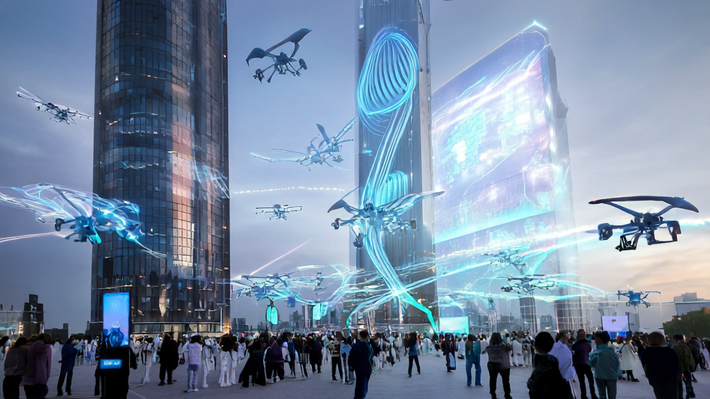 未来城市中的人们在广场上观看蚂蚁开源发布的2025全球大模型开源生态全景图，并通过智能邮箱机器人定制个性化邮件模板。