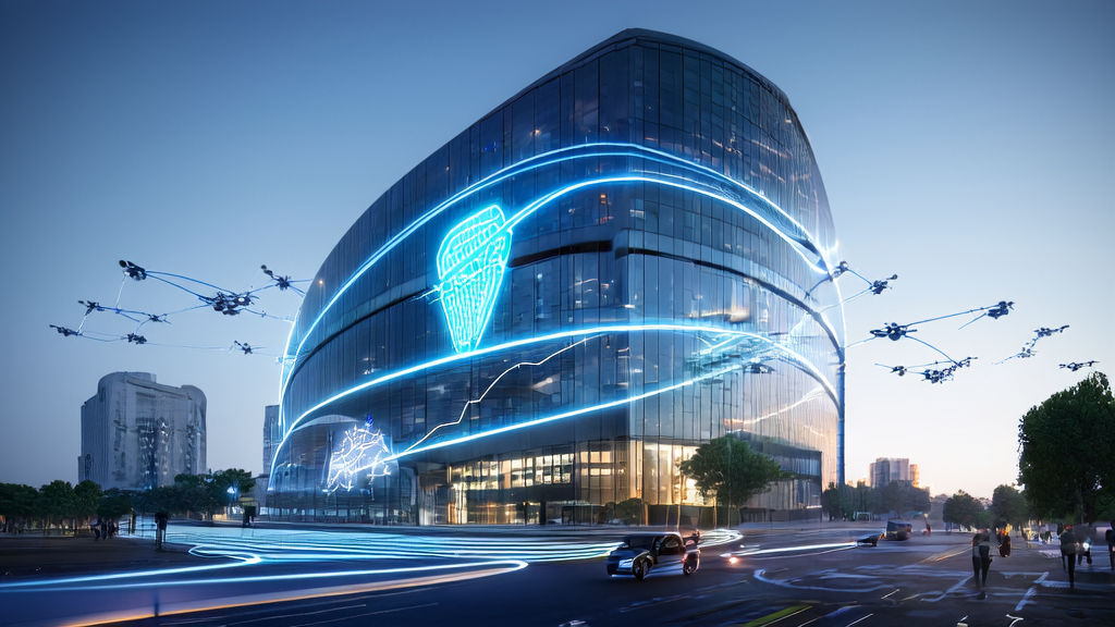 Modern office building in a futuristic city showcasing the impact of AI technology on future life