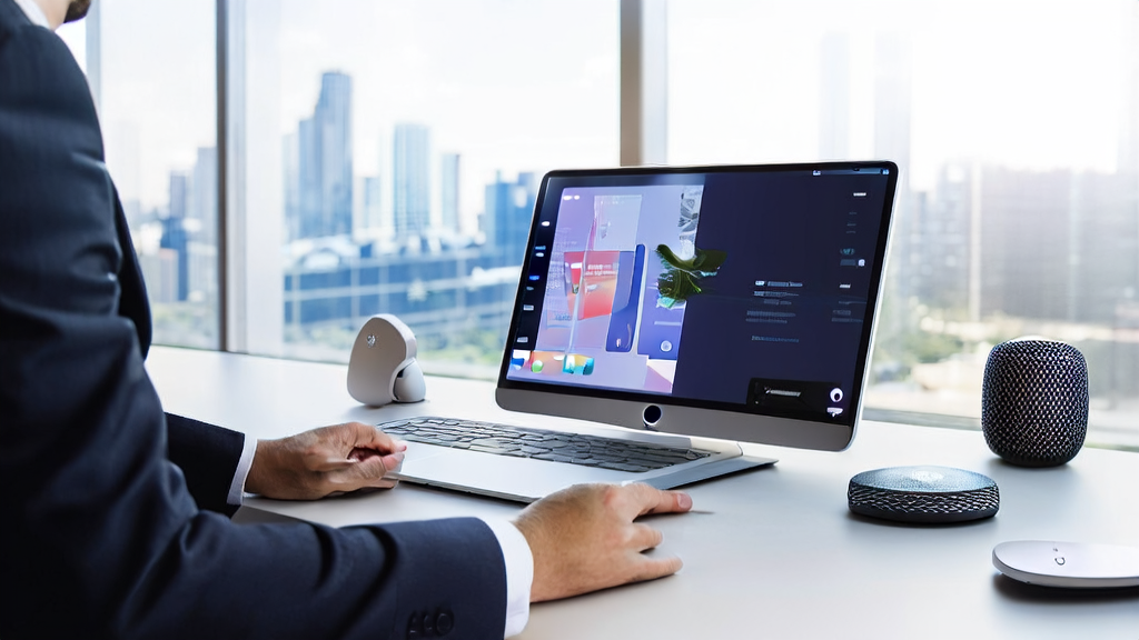 A business professional using an iPad to browse LinkedIn and learn about Apple's newly released FastVLM model, showcasing the integration of AI technology in modern offices.