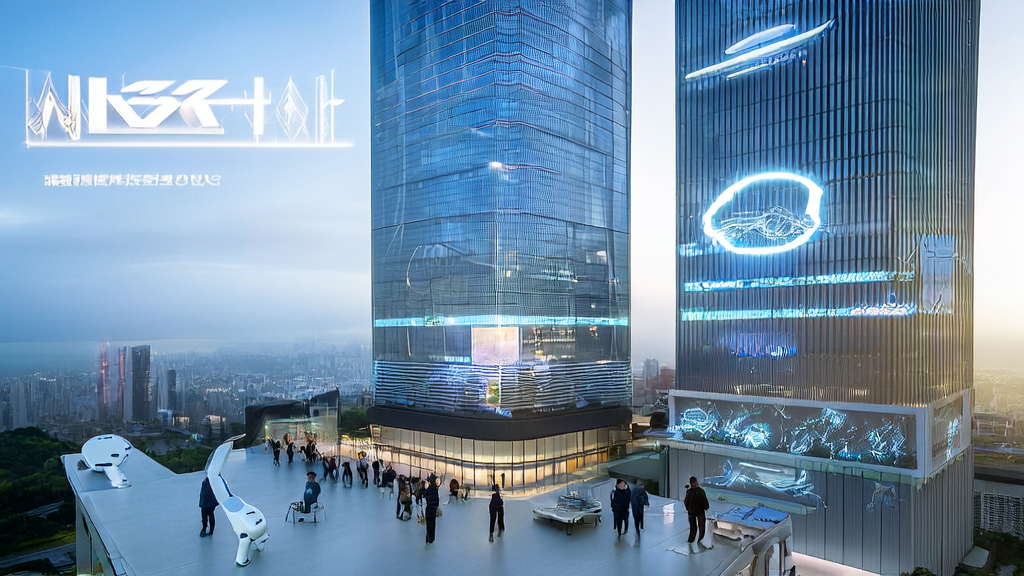 E-commerce company in a futuristic city using AI marketing technology to boost sales performance