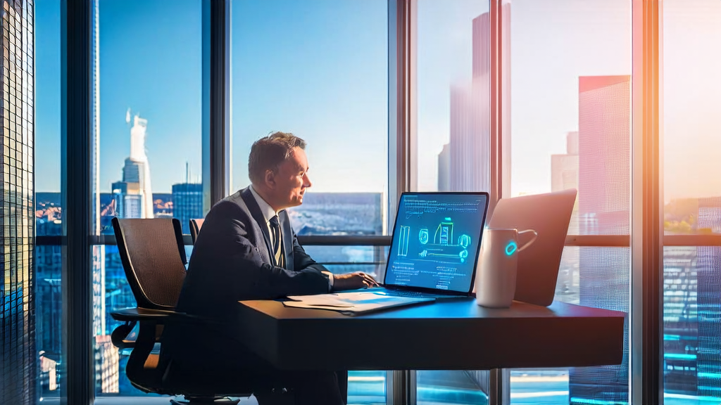 An executive of a trade company using an AI assistant to discover new clients via LinkedIn in a modern office setting