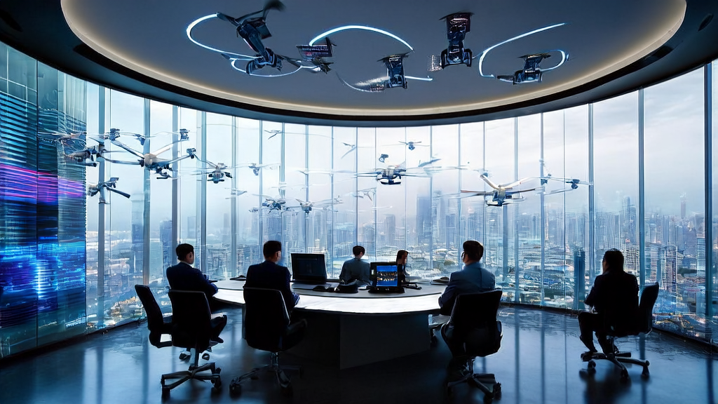 AI marketing team in a futuristic city developing high-conversion email strategies and AI audio technology