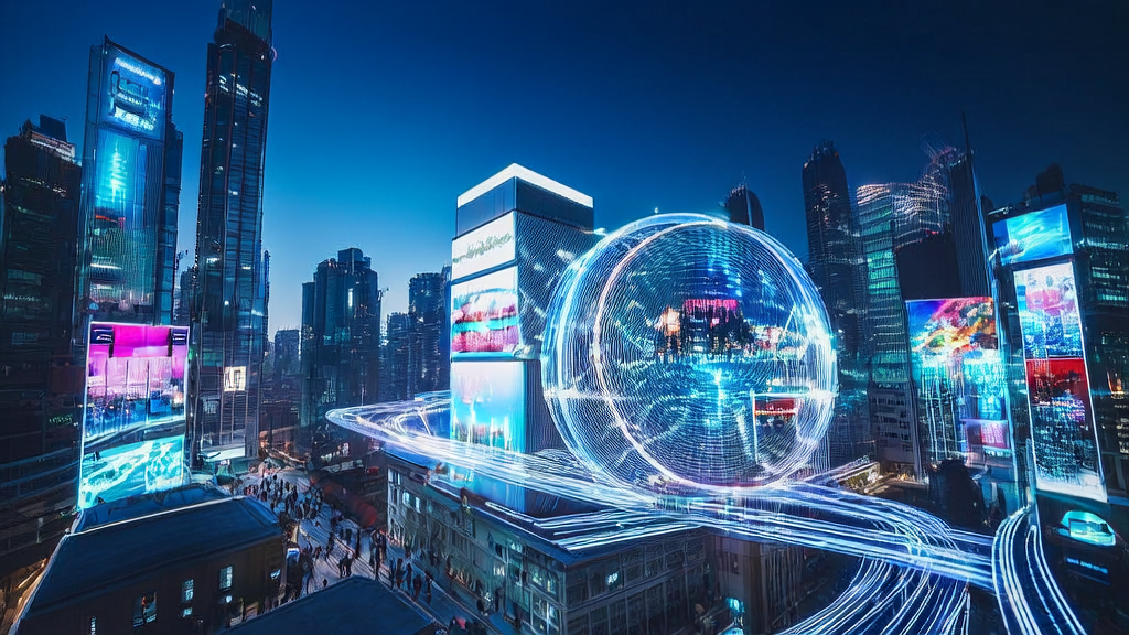In a futuristic city, young people engage with Bilibili's AI-driven content through smart devices, showcasing the limitless potential of AI marketing.