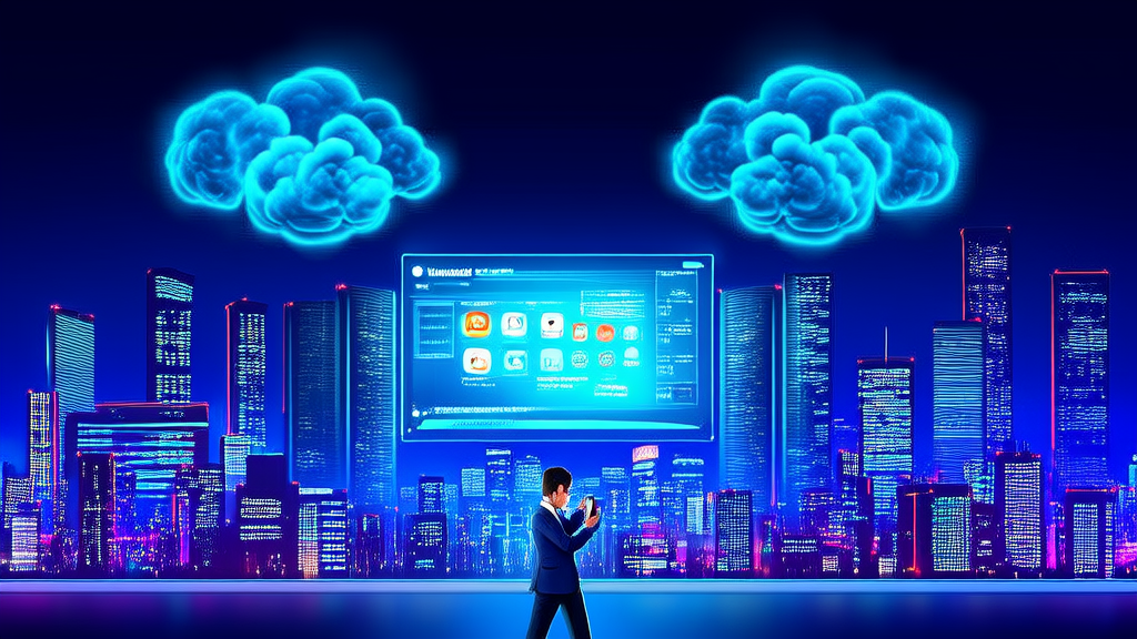 A futuristic city scene showcasing AI marketing: a young entrepreneur using the "Snap and Ask Quake" feature to get product recommendations, with Twitter data streams flowing between skyscrapers.